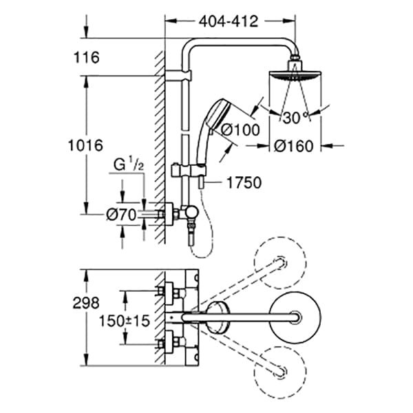Sistem dus GROHE Tempesta 160 27922000, termostat, 2 functii, argintiu