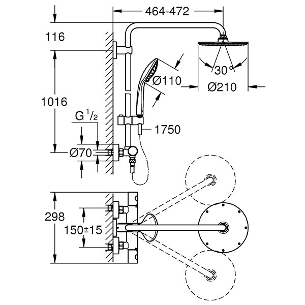 Sistem dus GROHE Rainshower 210 27964000, termostat, 3 functii, argintiu