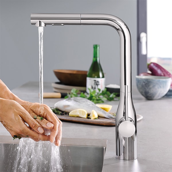 Baterie bucatarie GROHE Essence Foot Control 30311000, dus extractibil, metal, cromat