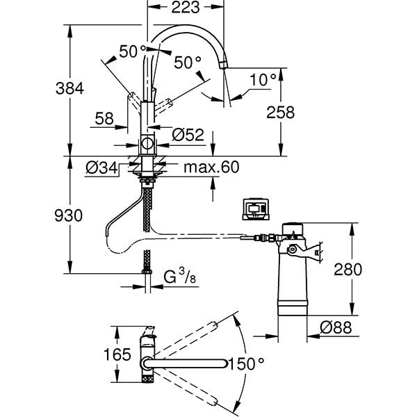 Baterie bucatarie cu filtru GROHE Blue Pure Eurosmart 30383000, metal, argintiu