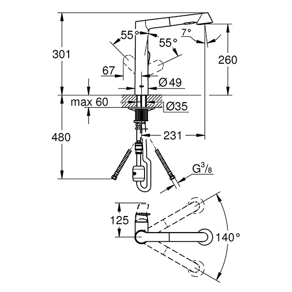 Baterie bucatarie GROHE K7 32176000, dus extractibil, metal, crom