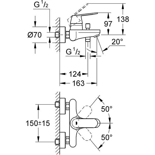 Baterie cada-dus GROHE EuroSmart 32831000, metal, crom