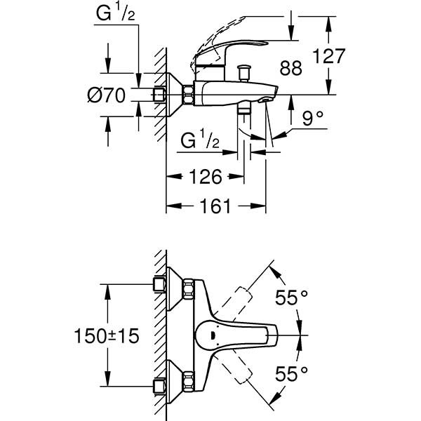 Baterie cada-dus GROHE EuroSmart 33300002, metal, crom
