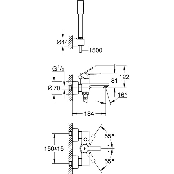 Set baterie de dus GROHE Lineare 33850001, 1 functie, argintiu