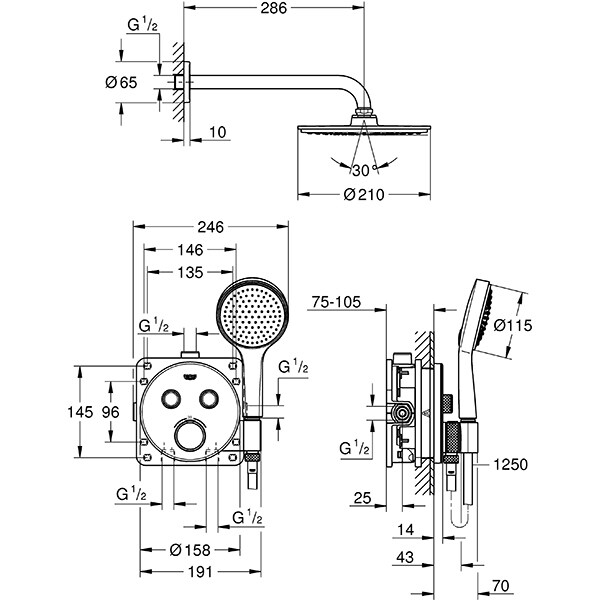Sistem dus incastrat GROHE Grohtherm SmartControl 2C 34743000, termostat, 2 functii, argintiu