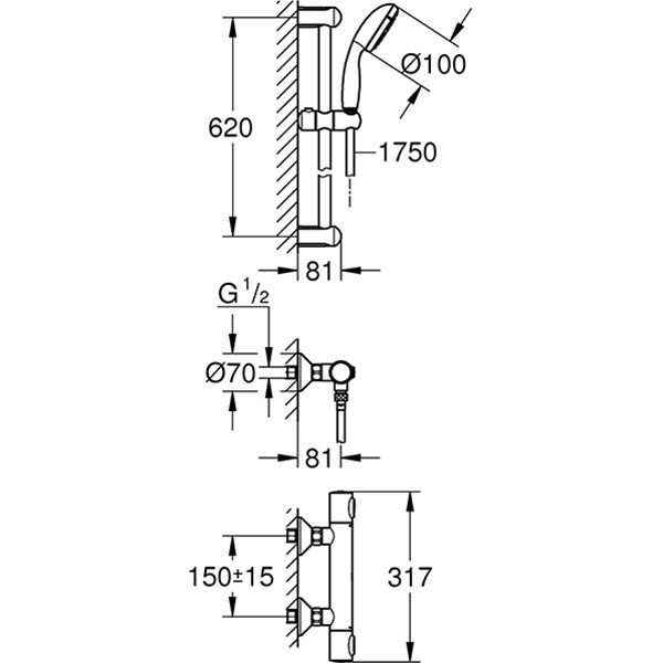 Set baterie dus GROHE Precision Flow 34841000, termostat, 1 functie, crom