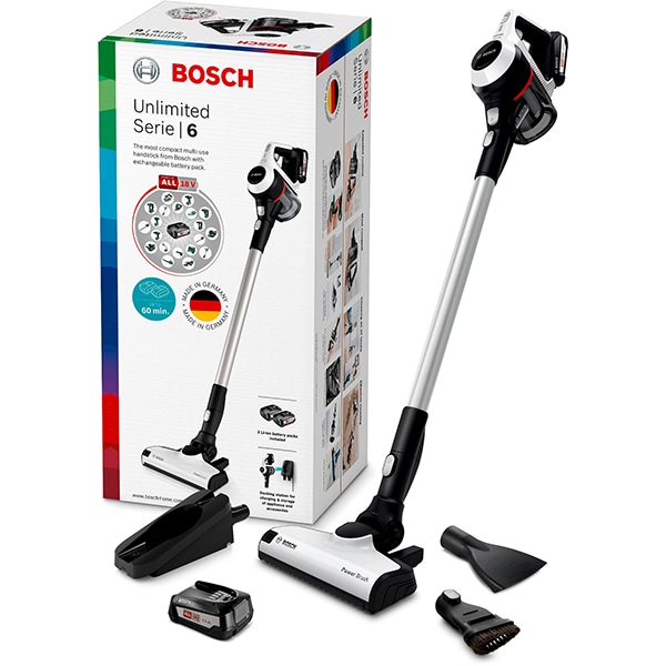 Aspirator vertical BOSCH Unlimited BCS612W, 0.4l, 18V, autonomie max 30 min, Power for ALL, alb-negru
