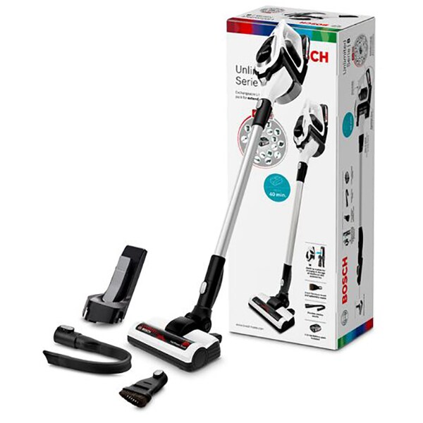 Aspirator vertical BOSCH Unlimited BCS81EXC, 0.4l, 18V, autonomie max 35 min, All Floor High Power, alb-negru