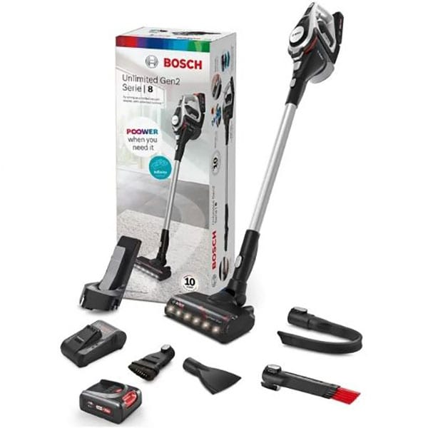 Aspirator vertical BOSCH Unlimited Gen2 Serie 8 BCS8224WA, 0.4l, 18V, autonomie max 130 min, TurboSpin, argintiu-negru