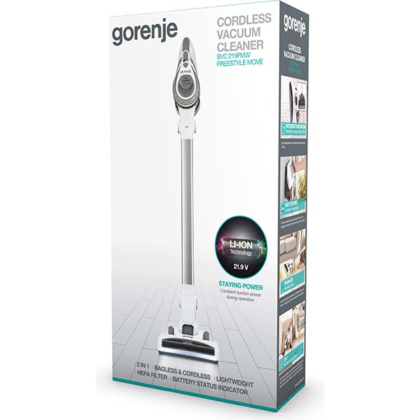 Aspirator vertical GORENJE Freestyle Move VC219FMW, 0.5l, 21.9V, autonomie max 42 min, alb-argintiu
