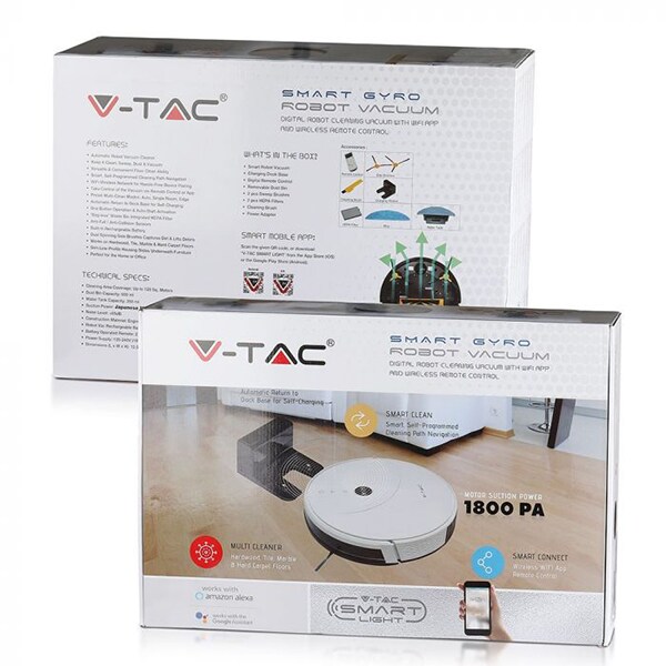 Aspirator robot V-TAC 8649, 0.6l, 14.4V, autonomie max 150 min, Wi-Fi, Smart Light App, functie mop, alb-negru