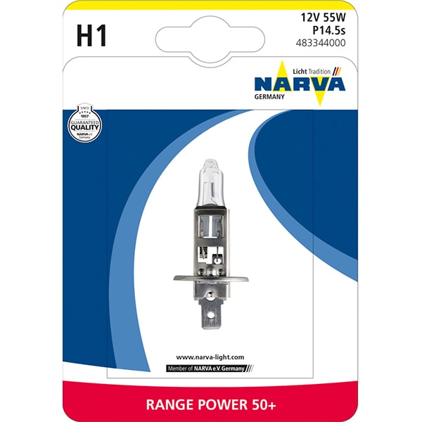 Bec auto halogen pentru far NARVA Range Power, +50%, H1, 12V, 55W, P14.5S, 1 bucata