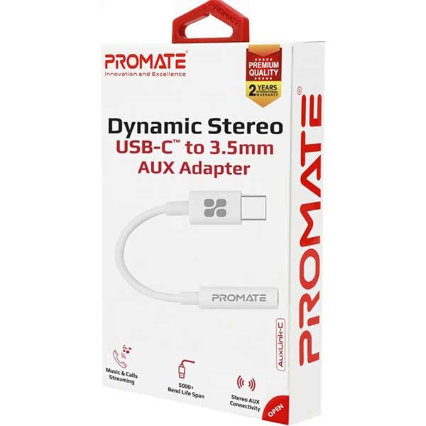 Adaptor audio PROMATE AUXLink-C, Jack 3.5mm - USB-C, alb