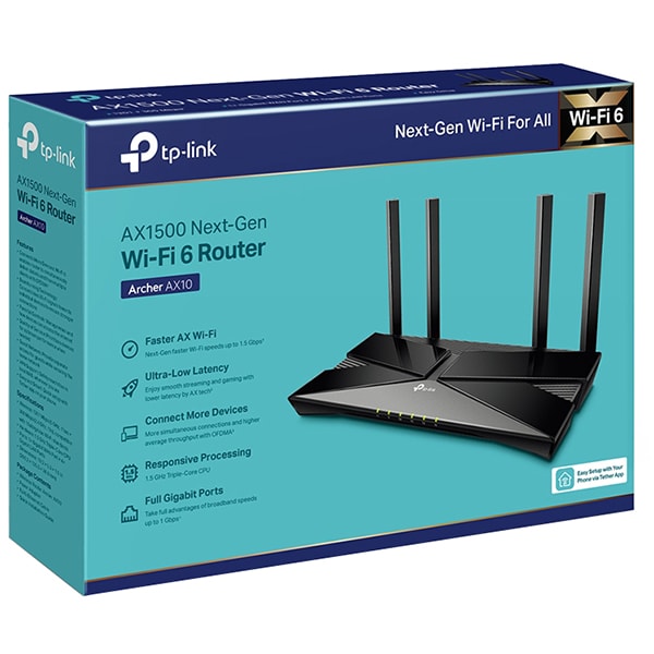 Router Wireless Gigabit TP-LINK Archer AX1500  AX10, Wi-Fi 6, Dual-band 300 + 1201 Mbps, negru
