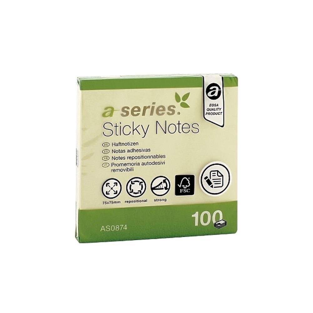 Notite adezive A-SERIES, 100 file, 75 x 75mm, galben