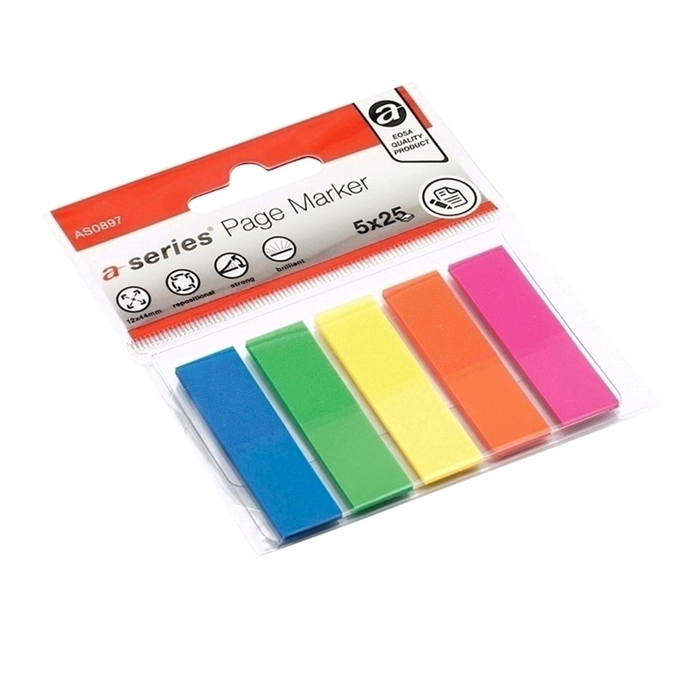 Index autoadeziv A-SERIES, 12 x 44 mm, plastic, 5 x 25 file, diverse culori