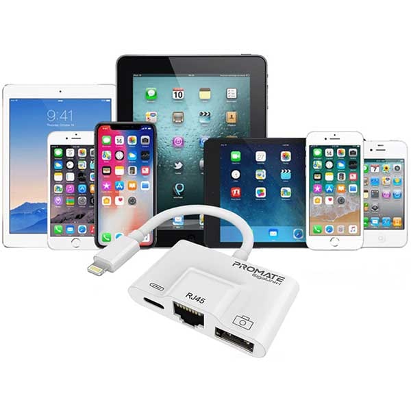 Adaptor OTG PROMATE GigaLink-i, Ethernet, USB, Lightning, alb