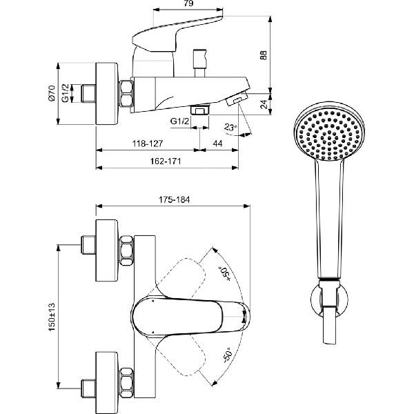 Set baterie cada si dus IDEAL STANDARD Ceraflex B1722AA, alama sanitara, crom