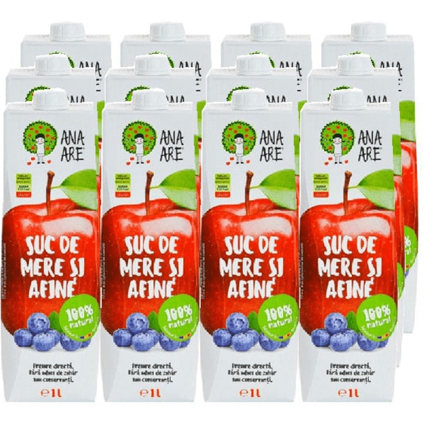 Suc natural ANA ARE, natural 100%, Mere si Afine, 1L x 12 cutii