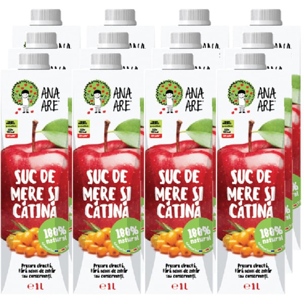 Suc natural ANA ARE, natural 100%, Mere si Catina, bax 1L x 12 cutii