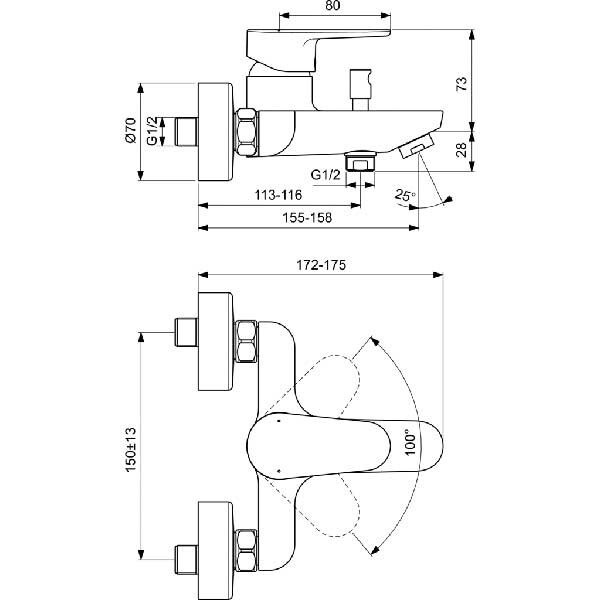 Baterie cada-dus IDEAL STANDARD Cerafine O BC500AA, alama sanitara, crom