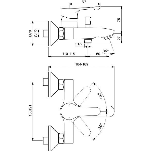 Baterie cada-dus IDEAL STANDARD Alpha BC654AA, alama sanitara, crom