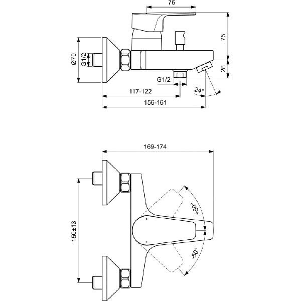 Baterie cada-dus IDEAL STANDARD Cerafine D BC692U8, alama sanitara, gri
