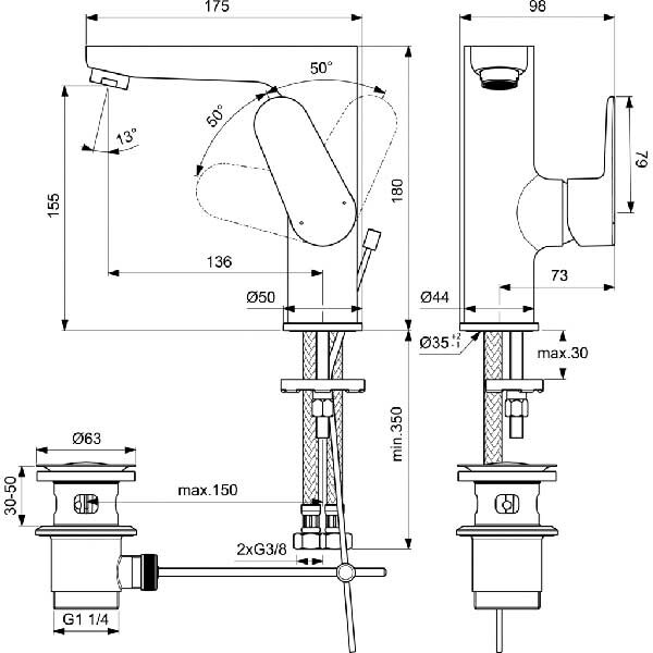 Baterie lavoar IDEAL STANDARD Cerafine O BC703AA, alama sanitara, crom