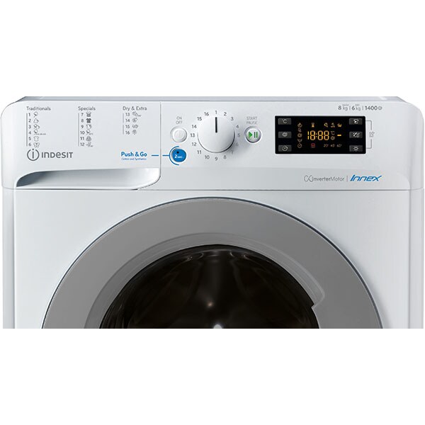 Masina de spalat rufe frontala cu uscator INDESIT BDE 861483X WS EU N, 8/6 kg, 1400rpm, Clasa C/D, alb