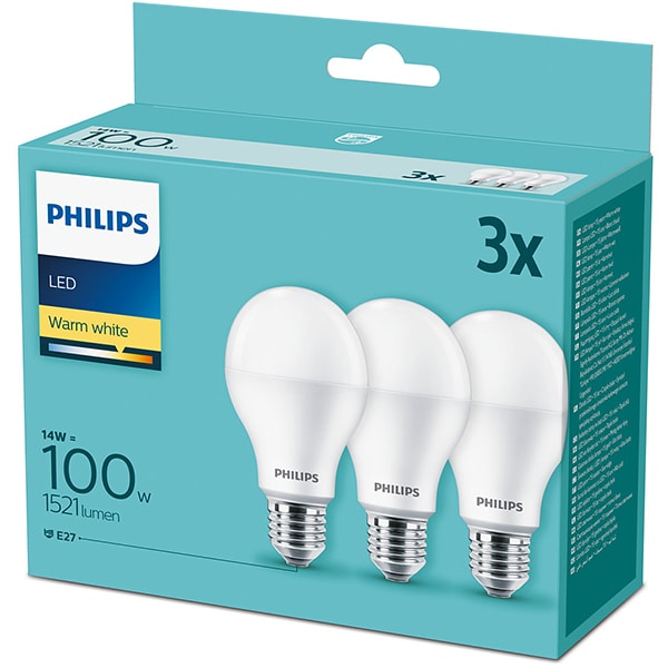 Set 3 becuri LED PHILIPS 8718699694920, E27, 14W, lumina calda