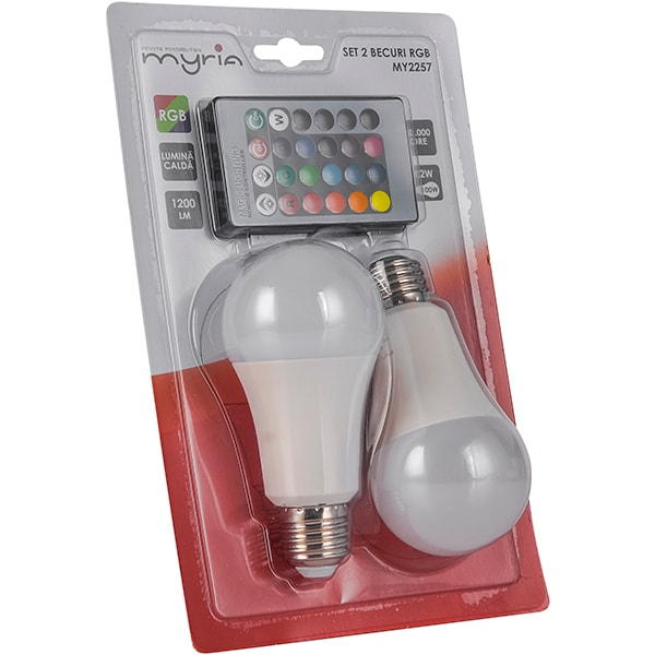 Set 2 becuri LED RGB MYRIA MY2257, E27, 12W, Telecomanda