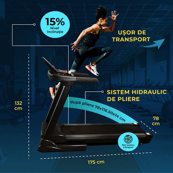 Banda de alergat TECHFIT MT300, viteza maxima, 18km/h, greutate suportata 150kg