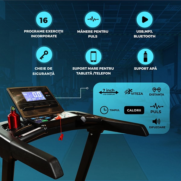 Banda de alergat TECHFIT MT300, viteza maxima, 18km/h, greutate suportata 150kg