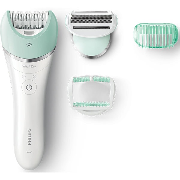 Epilator PHILIPS Satinelle Advanced Wet & Dry BRE620/00, 32 pensete, 2 viteze, 3 accesorii, acumulator, alb-verde 