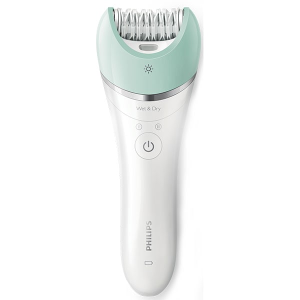 Epilator PHILIPS Satinelle Advanced Wet & Dry BRE620/00, 32 pensete, 2 viteze, 3 accesorii, acumulator, alb-verde 