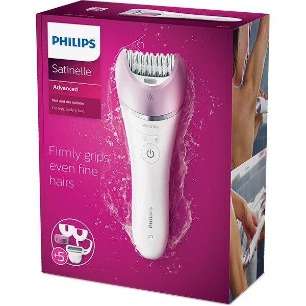 Epilator PHILIPS Satinelle Advanced Wet & Dry BRE635/00, 32 pensete, 2 viteze, 5 accesorii, acumulator, alb-mov
