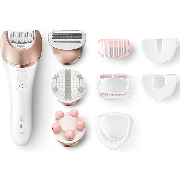Epilator PHILIPS Satinelle Advanced Wet & Dry BRE650/00, 32 pensete, 2 viteze, 8 accesorii, acumulator, alb