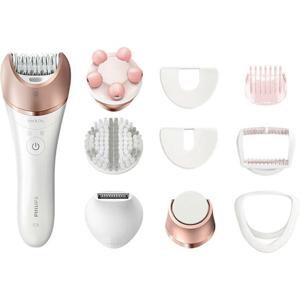 Epilator PHILIPS Satinelle Prestige BRE652/00, 32 pensete, 2 viteze, 9 accesorii, accumulator, alb-roz