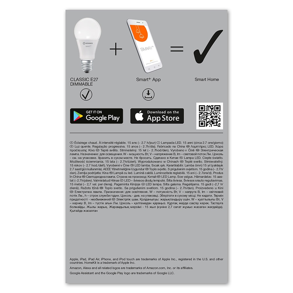 Bec LED Smart LEDVANCE Classic, E27, 9W, 806lm, Dimabil, Wi-Fi, lumina calda, compatibil Alexa, Google Assistant