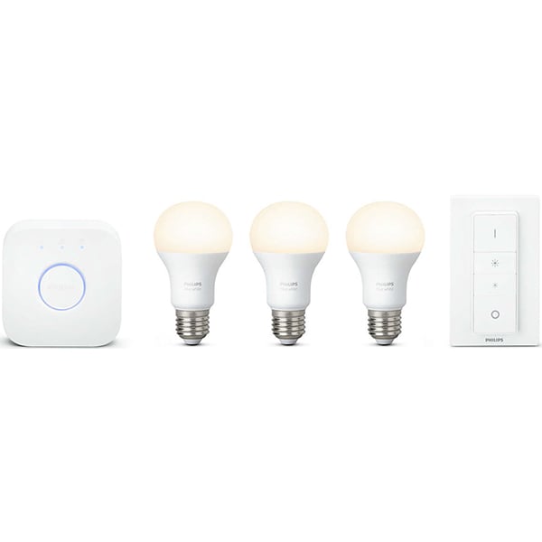 Kit 3 becuri LED Smart PHILIPS Hue 8718696728987, A60 (60W), E27, 9W, 806lm, Wi-Fi, lumina calda + Consola si Intrerupator cu variator