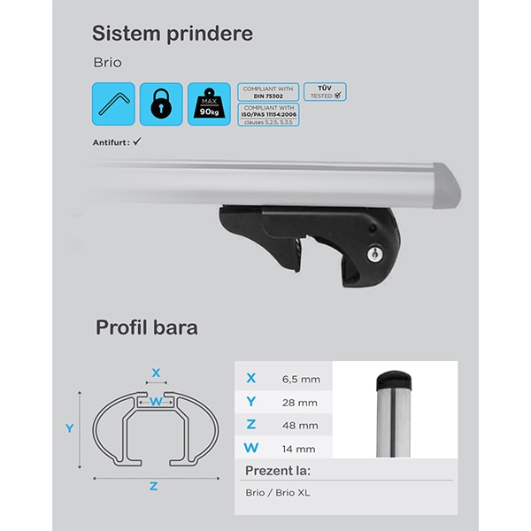 Bare transversale MENABO Brio XL, Skoda Yeti Outdoor, 2013-Prezent, 135 cm