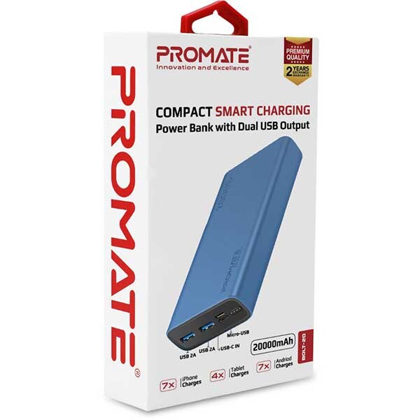 Baterie externa PROMATE Bolt-20, 20000mAh, 2xUSB, 1xType C, albastru