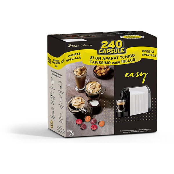 Pachet: Espressor capsule TCHIBO Cafissimo Easy + 240 capsule 513690, 0.6l, 1250W, 15 bar, negru