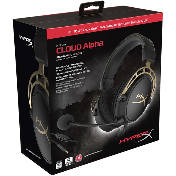 Casti Gaming HyperX Cloud Alpha, surround, multiplatforma, 3.5mm, negru-auriu