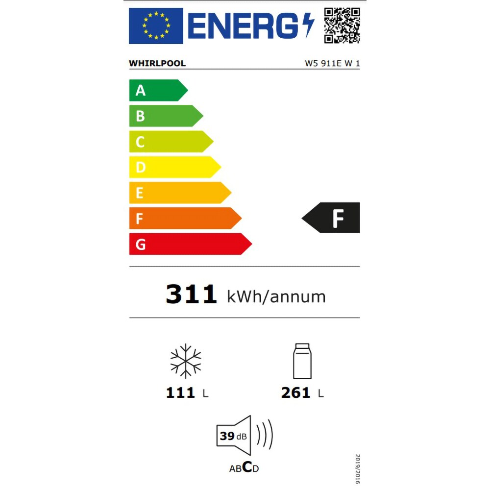 Combina frigorifica WHIRLPOOL W5 911E W, Less Frost, 372 l, H 201.1 cm, Clasa F, 6th Sense, alb