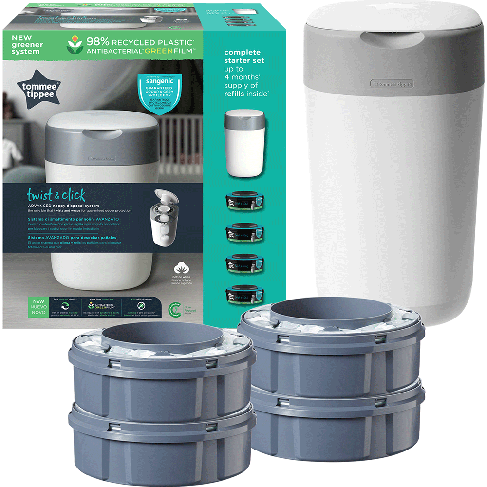 Set cos scutece + 4 rezerve TOMMEE TIPPEE Sangenic Twist&Click Reciclabil, 28 scutece, alb-gri