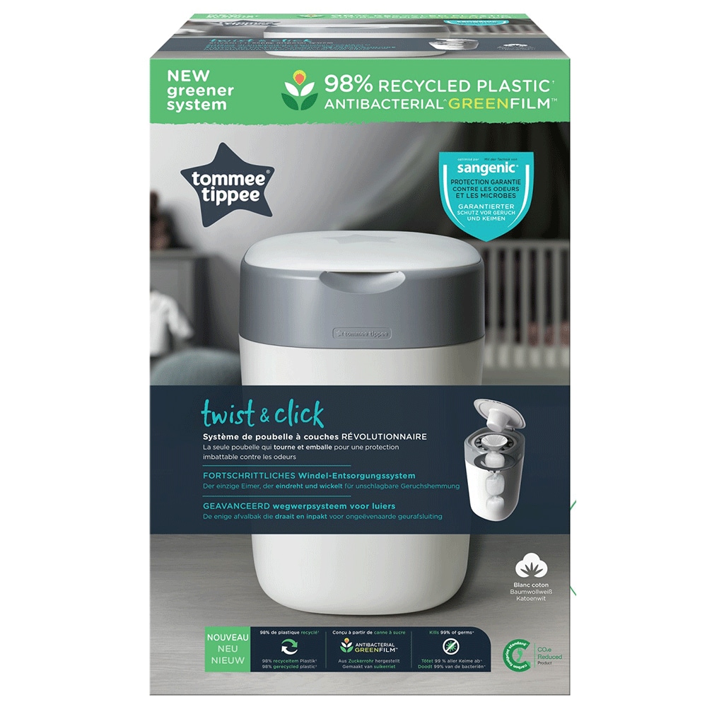 Set cos scutece + 4 rezerve TOMMEE TIPPEE Sangenic Twist&Click Reciclabil, 28 scutece, alb-gri