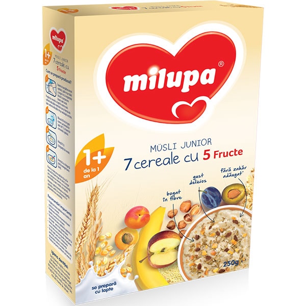 Cereale MILUPA Musli Junior 7 cereale cu 5 fructe 542121, 12 luni+, 250g
