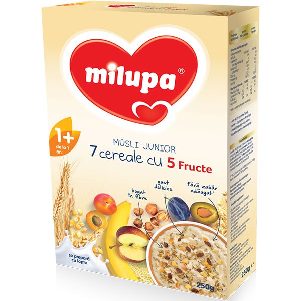 Cereale MILUPA Musli Junior 7 cereale cu 5 fructe 542121, 12 luni+, 250g