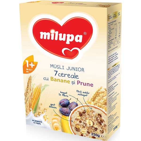 Cereale MILUPA Musli Junior 7 cereale cu banane si prune 544480, 12 luni+, 250g